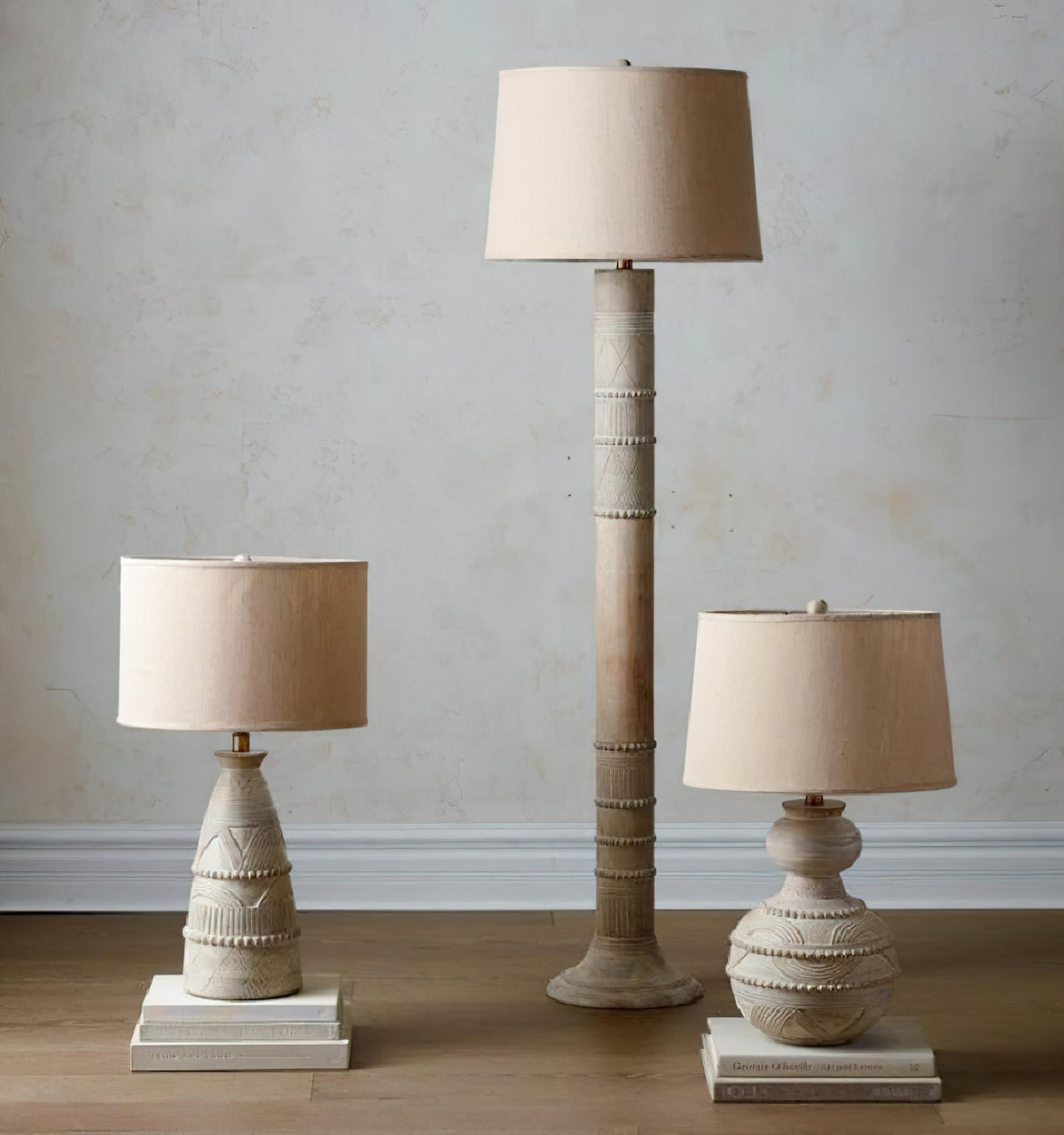 Sylvan Grace Floor Lamp – Carved Wood & Beige Fabric Standing Light