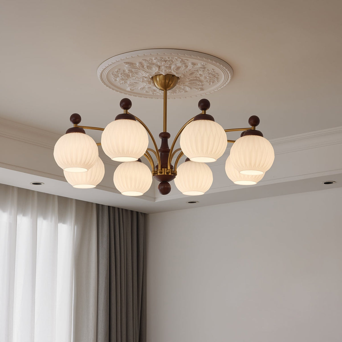 Sylvan Orb Chandelier – Modern Walnut & Glass Pendant Light