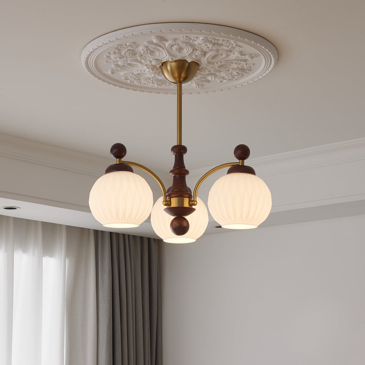 Sylvan Orb Chandelier – Modern Walnut & Glass Pendant Light