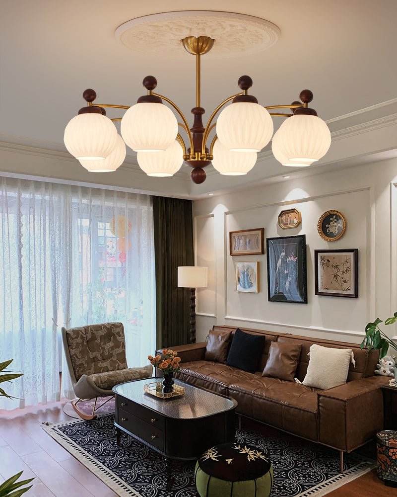 Sylvan Orb Chandelier – Modern Walnut & Glass Pendant Light
