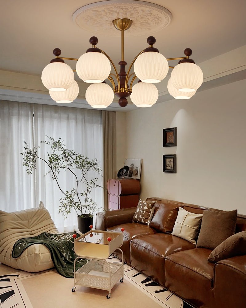 Sylvan Orb Chandelier – Modern Walnut & Glass Pendant Light