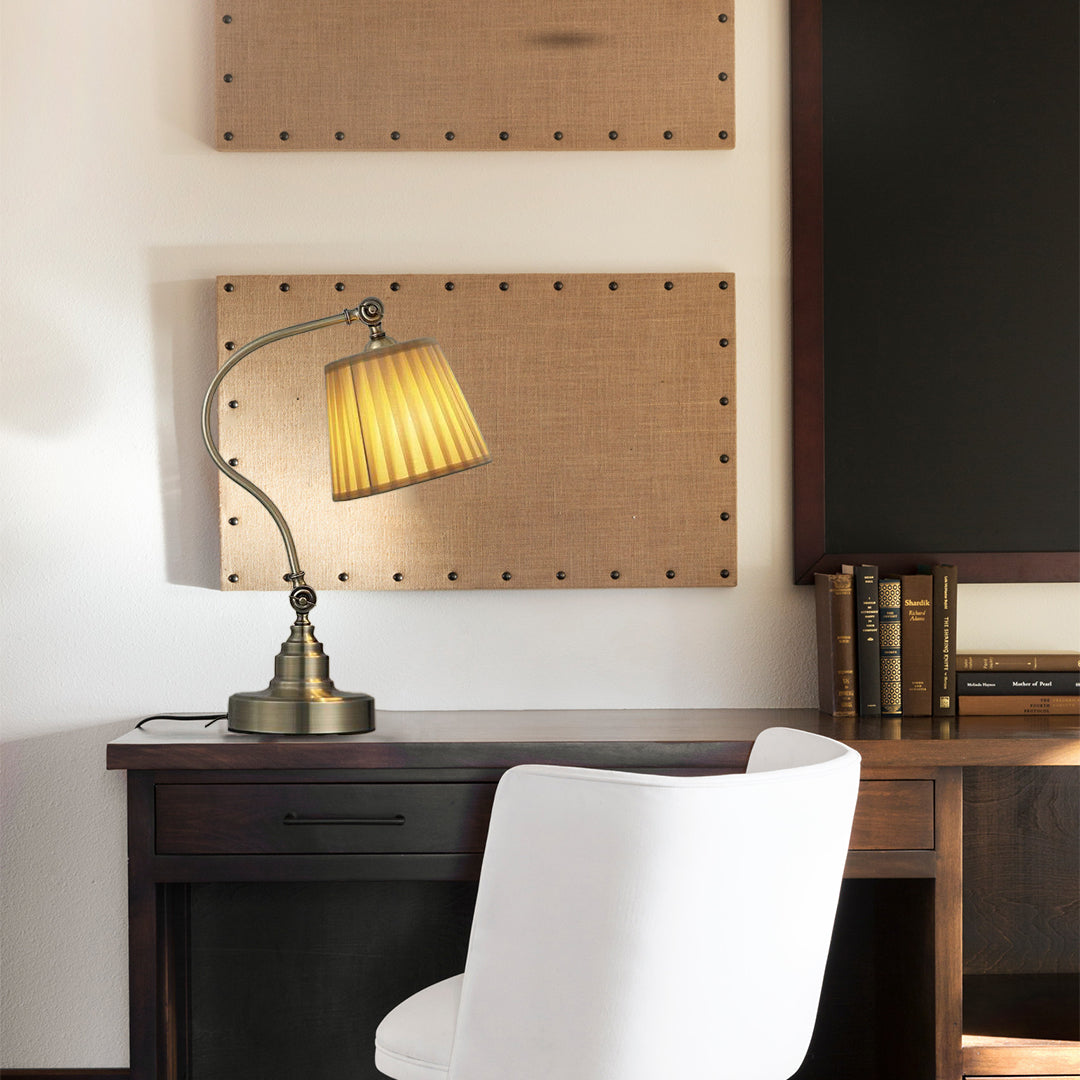 Empire Curved Arm Desk Lamp in Matte White Iron with Linen Shade