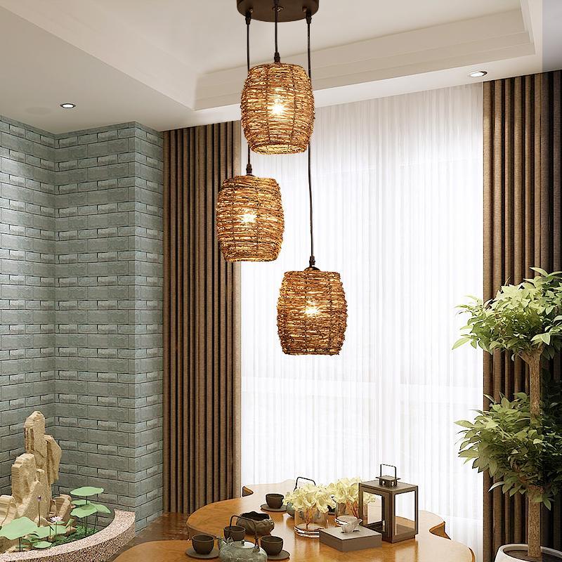 Artisan Wicker Pendant Light Trio — Natural Burlywood Handwoven Shade Set