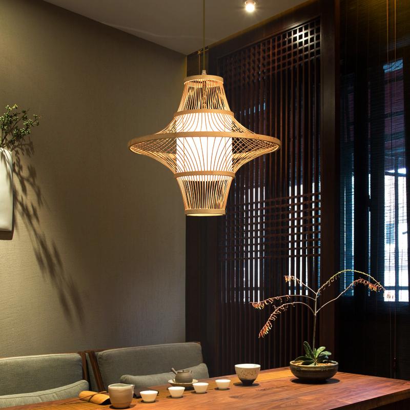 Burlywood Bamboo Pendant Light with Dual Conical Shades