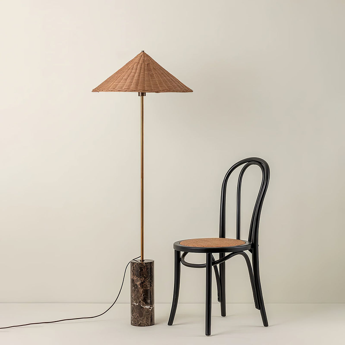 Tansu Rattan Floor Lamp with Marble Base – Modern Asian-Inspired Lighting for Living Room & Bedroom