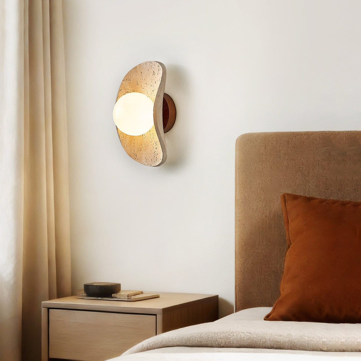 Tavian Halo Travertine Wall Sconce with Wooden Backplate