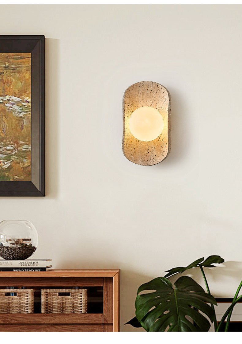 Tavian Halo Travertine Wall Sconce with Wooden Backplate