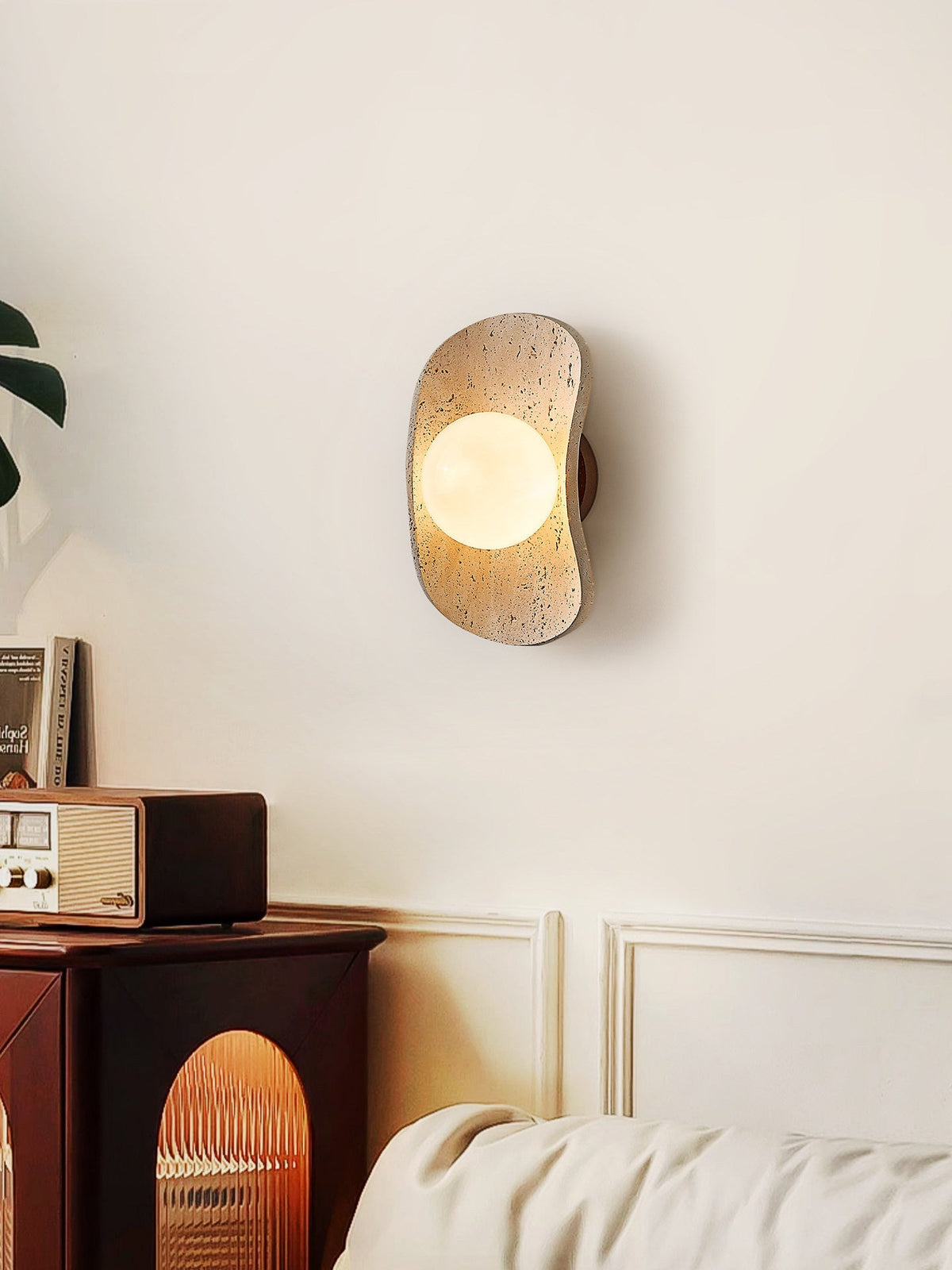 Tavian Halo Travertine Wall Sconce with Wooden Backplate