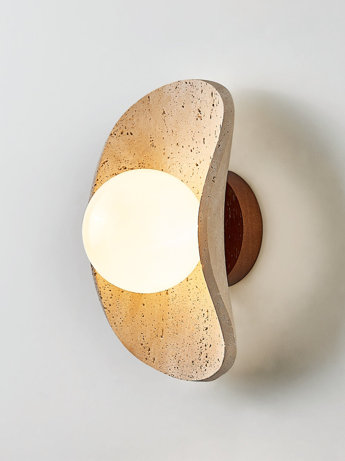 Tavian Halo Travertine Wall Sconce with Wooden Backplate
