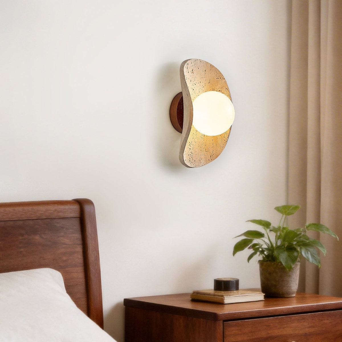 Tavian Halo Travertine Wall Sconce with Wooden Backplate