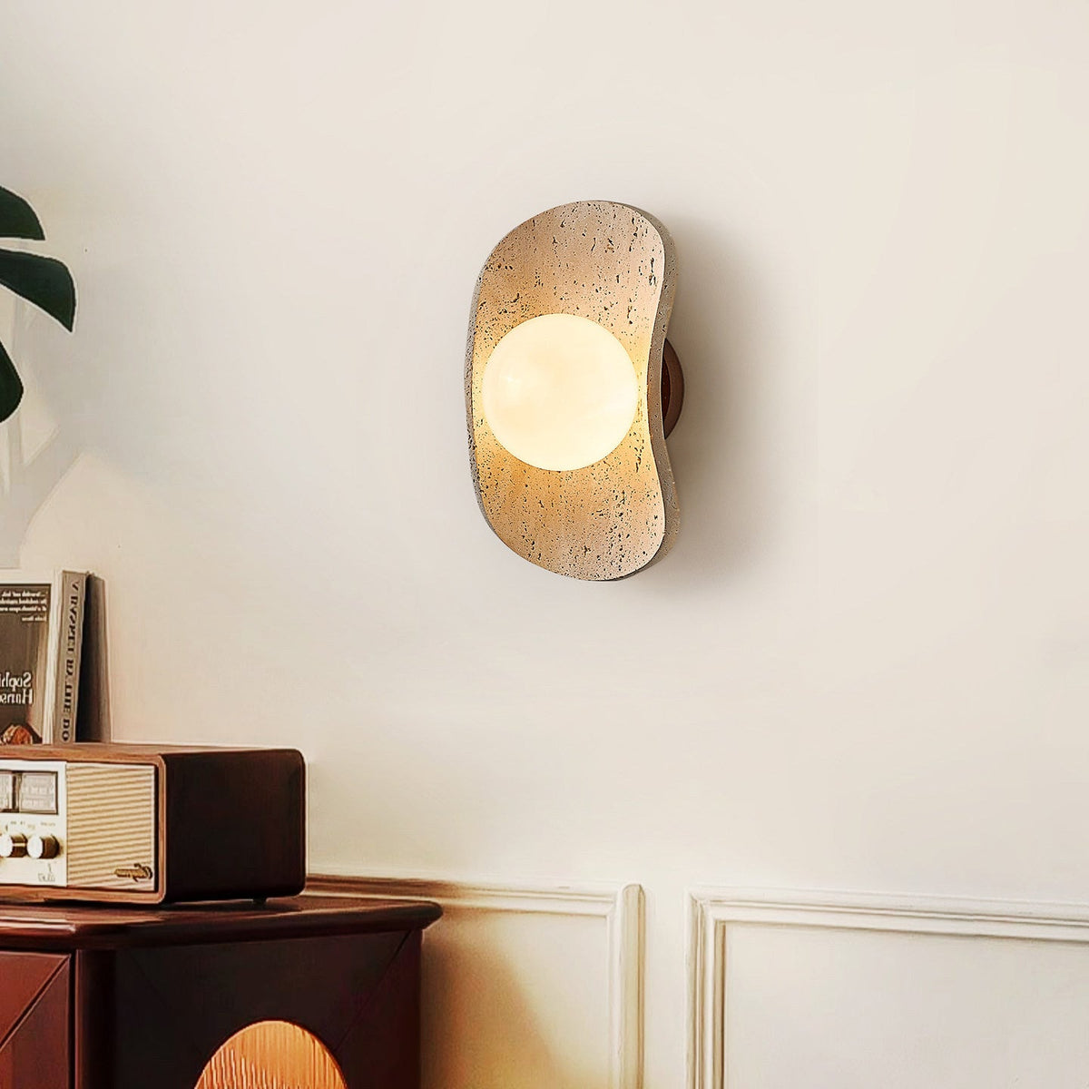 Tavian Halo Travertine Wall Sconce with Wooden Backplate