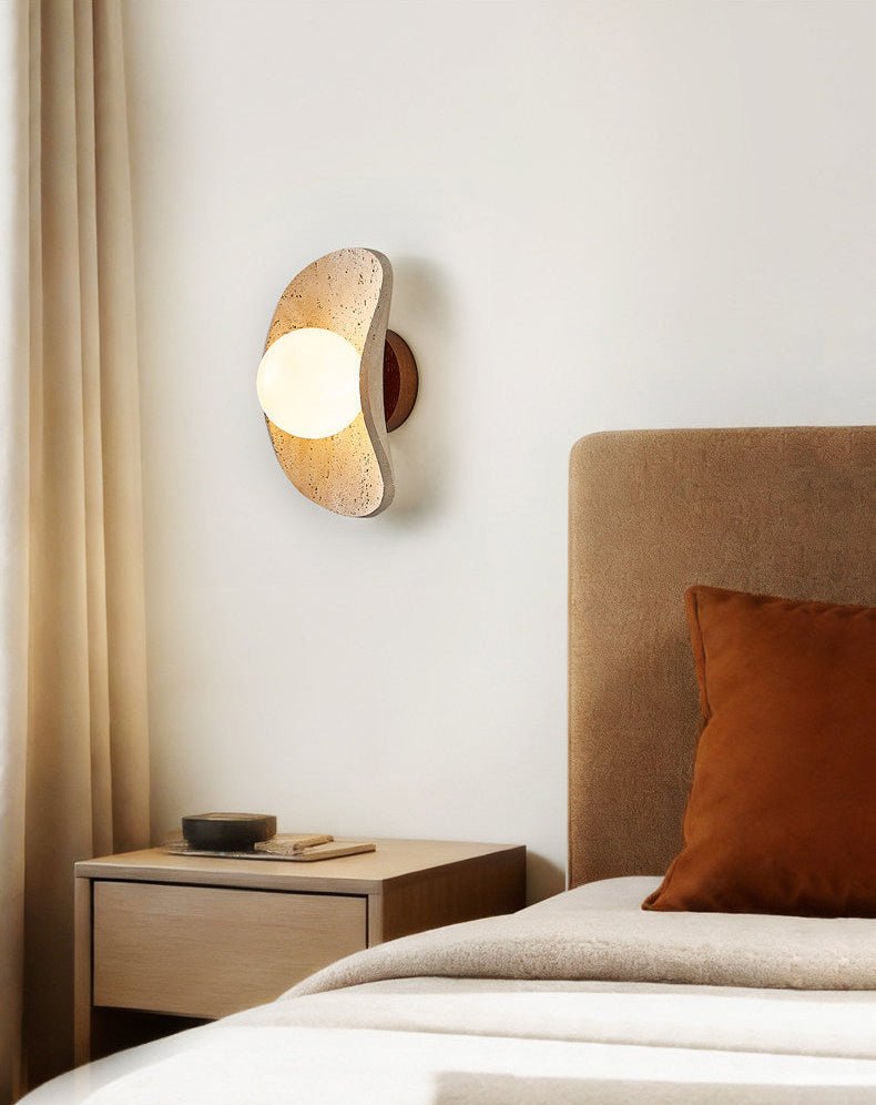 Tavian Halo Travertine Wall Sconce with Wooden Backplate