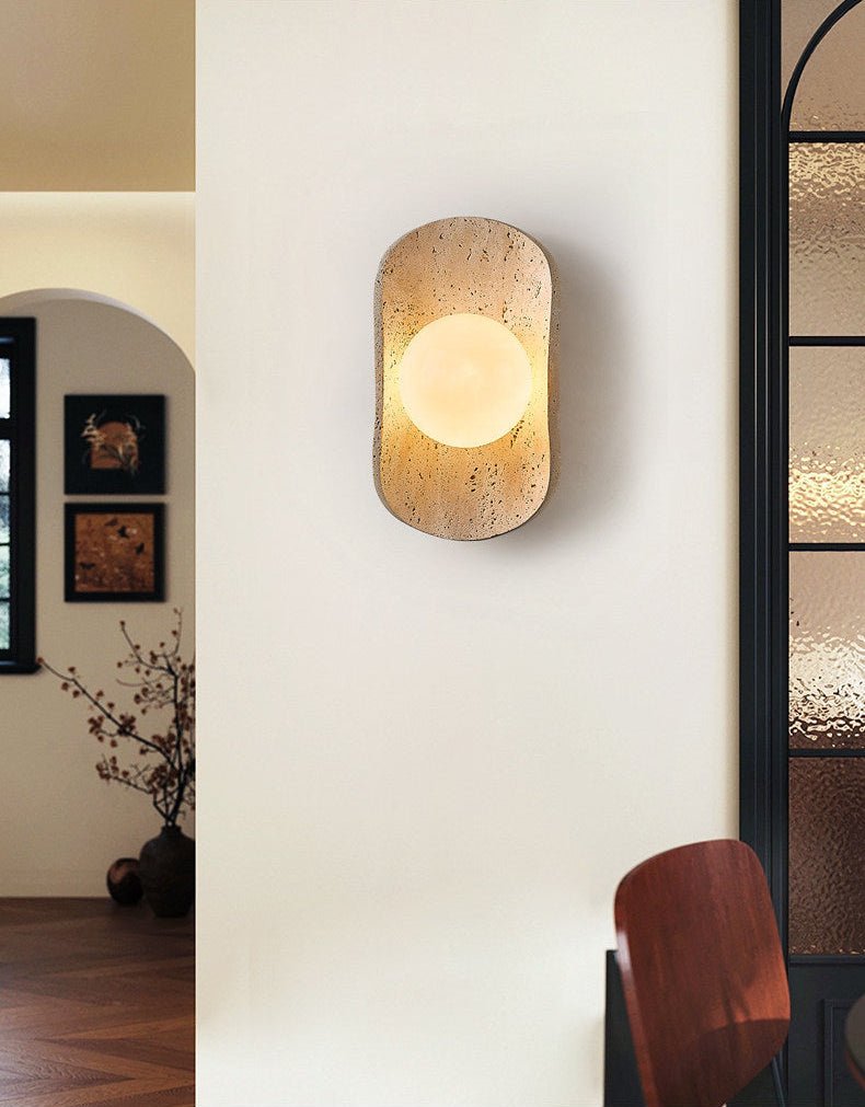Tavian Halo Travertine Wall Sconce with Wooden Backplate