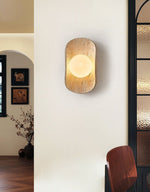 Tavian Halo Travertine Wall Sconce with Wooden Backplate
