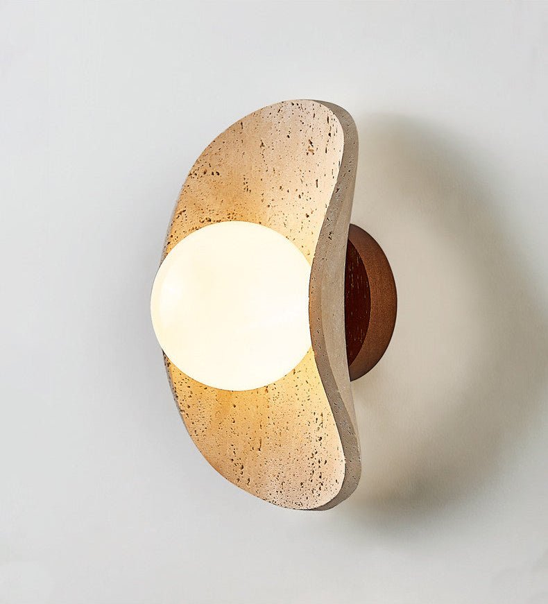 Tavian Halo Travertine Wall Sconce with Wooden Backplate