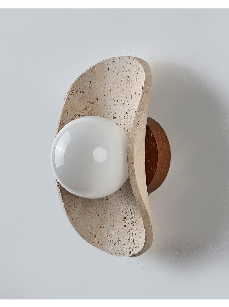 Tavian Halo Travertine Wall Sconce with Wooden Backplate