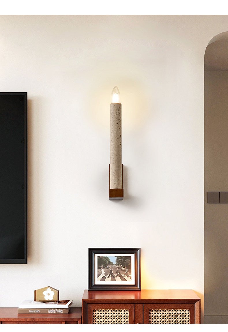 Tavian Travertine Candle Wall Sconce – Natural Stone & Wood