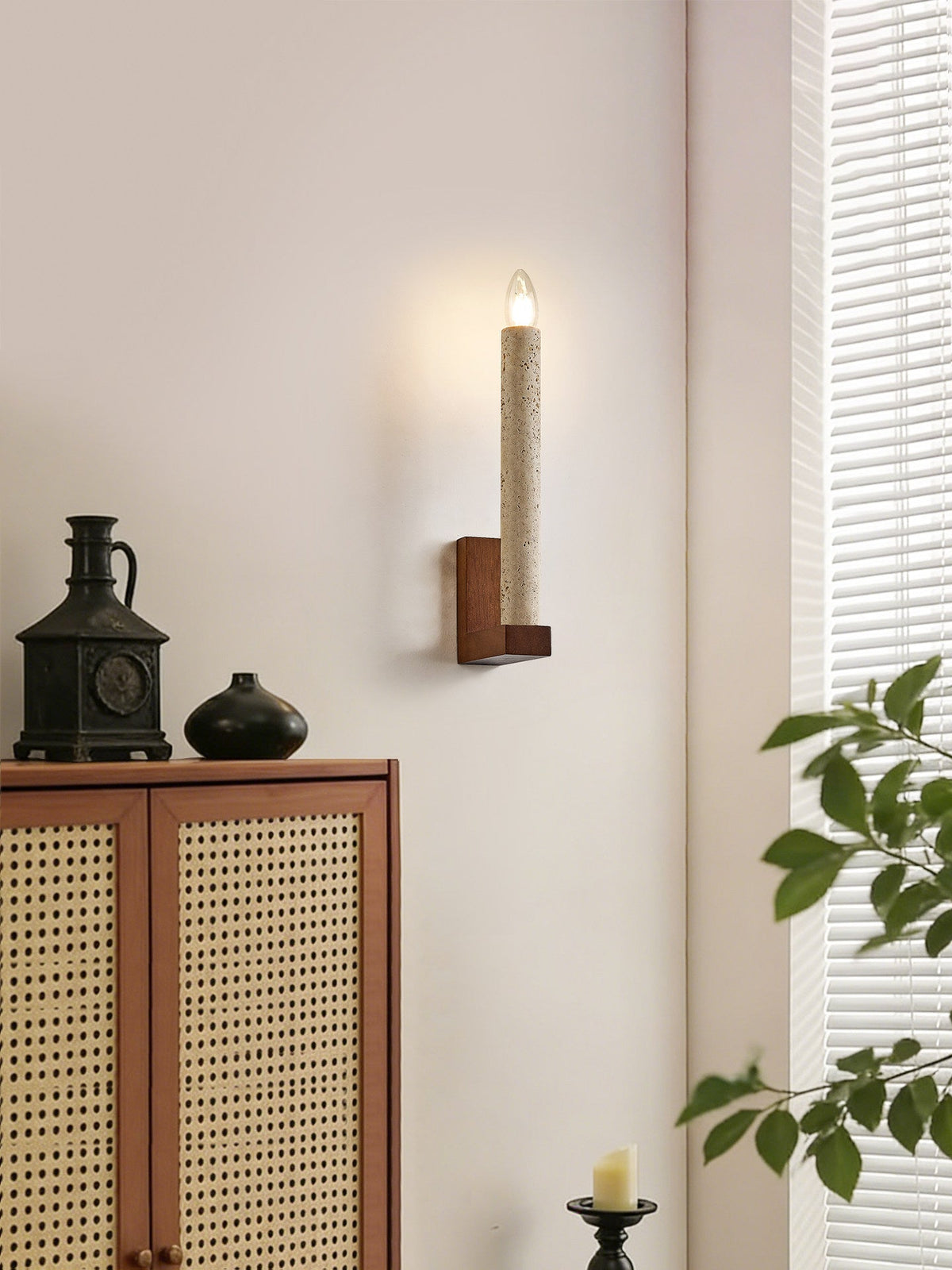 Tavian Travertine Candle Wall Sconce – Natural Stone & Wood