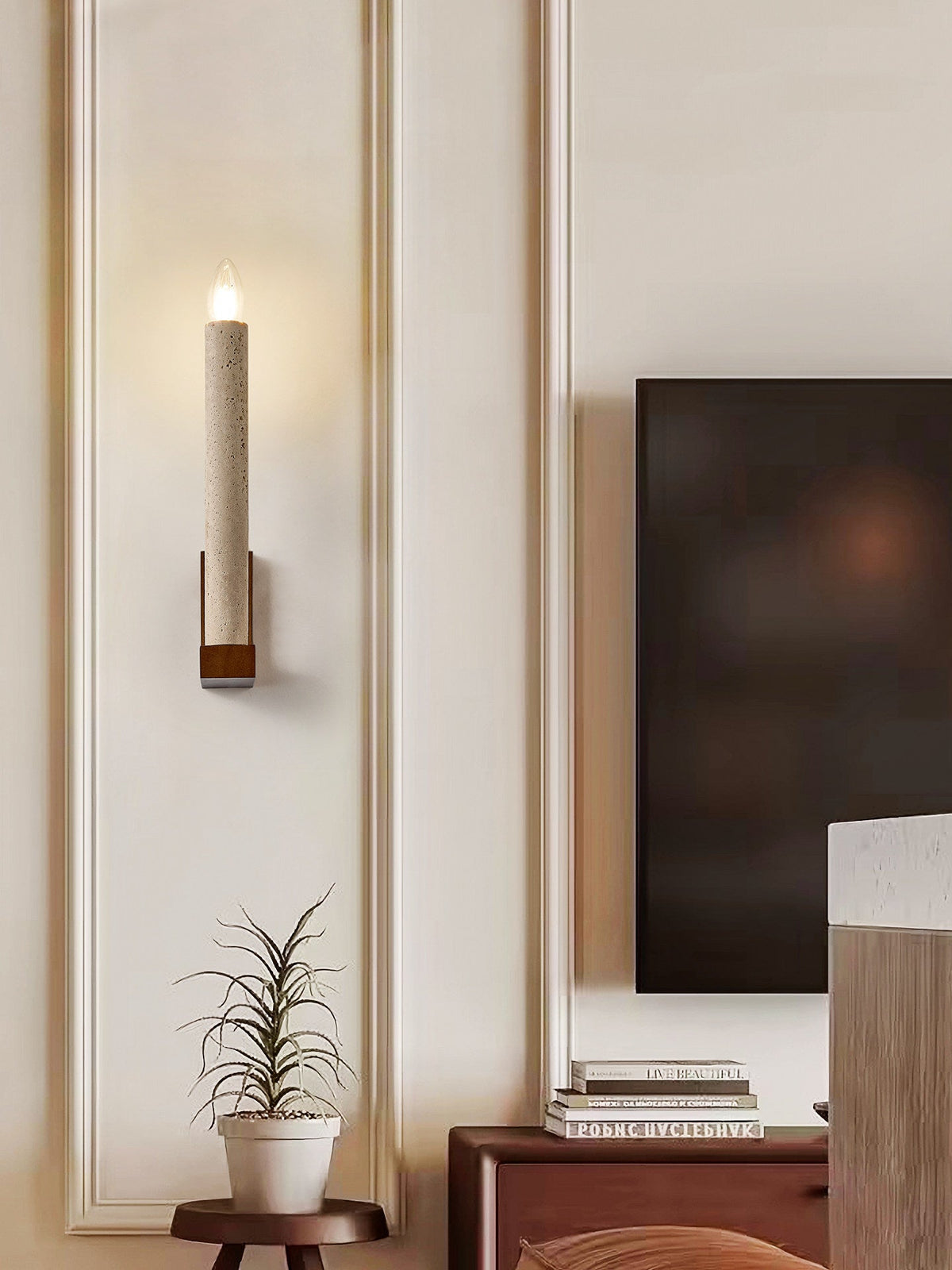 Tavian Travertine Candle Wall Sconce – Natural Stone & Wood