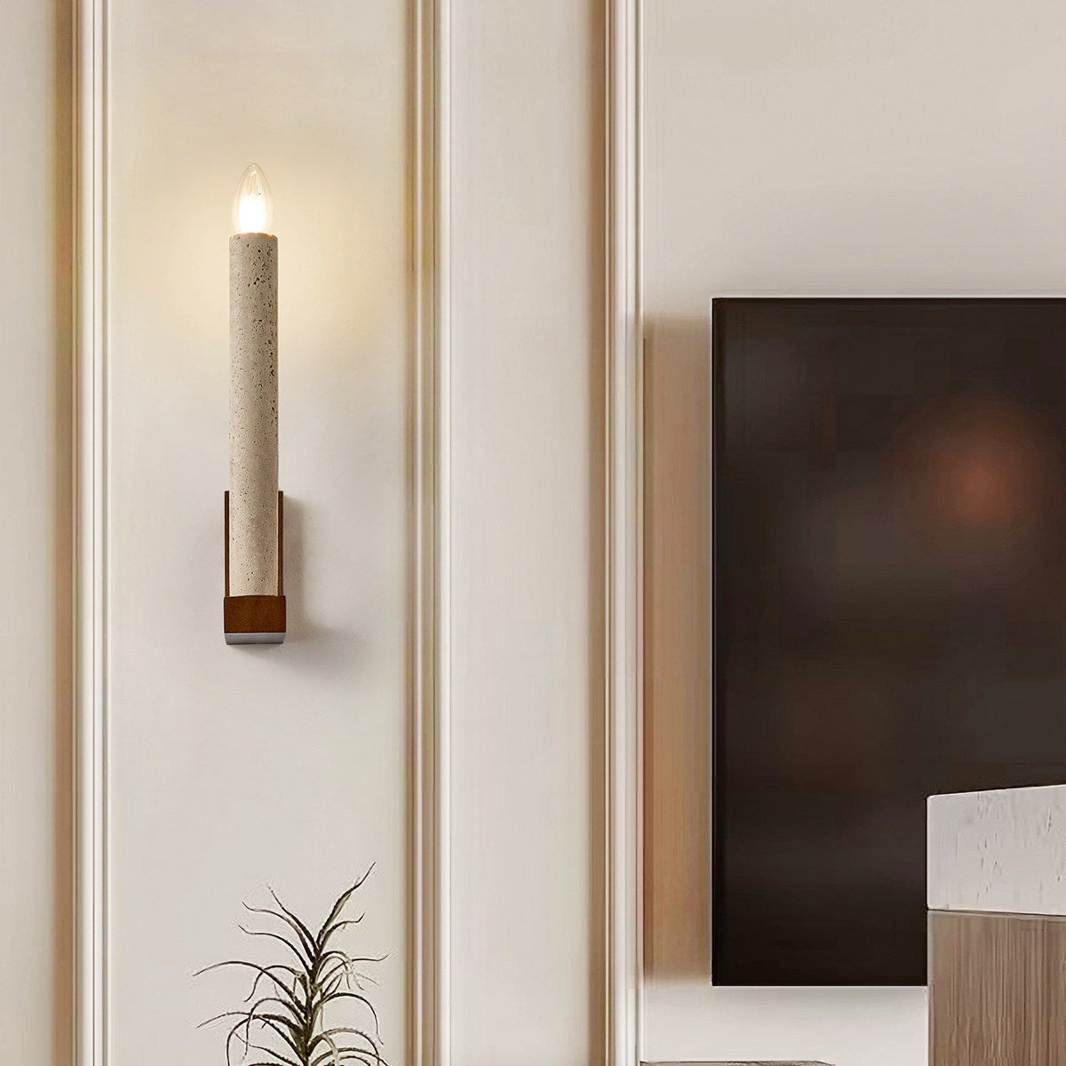 Tavian Travertine Candle Wall Sconce – Natural Stone & Wood