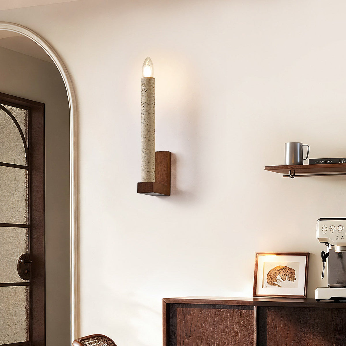 Tavian Travertine Candle Wall Sconce – Natural Stone & Wood
