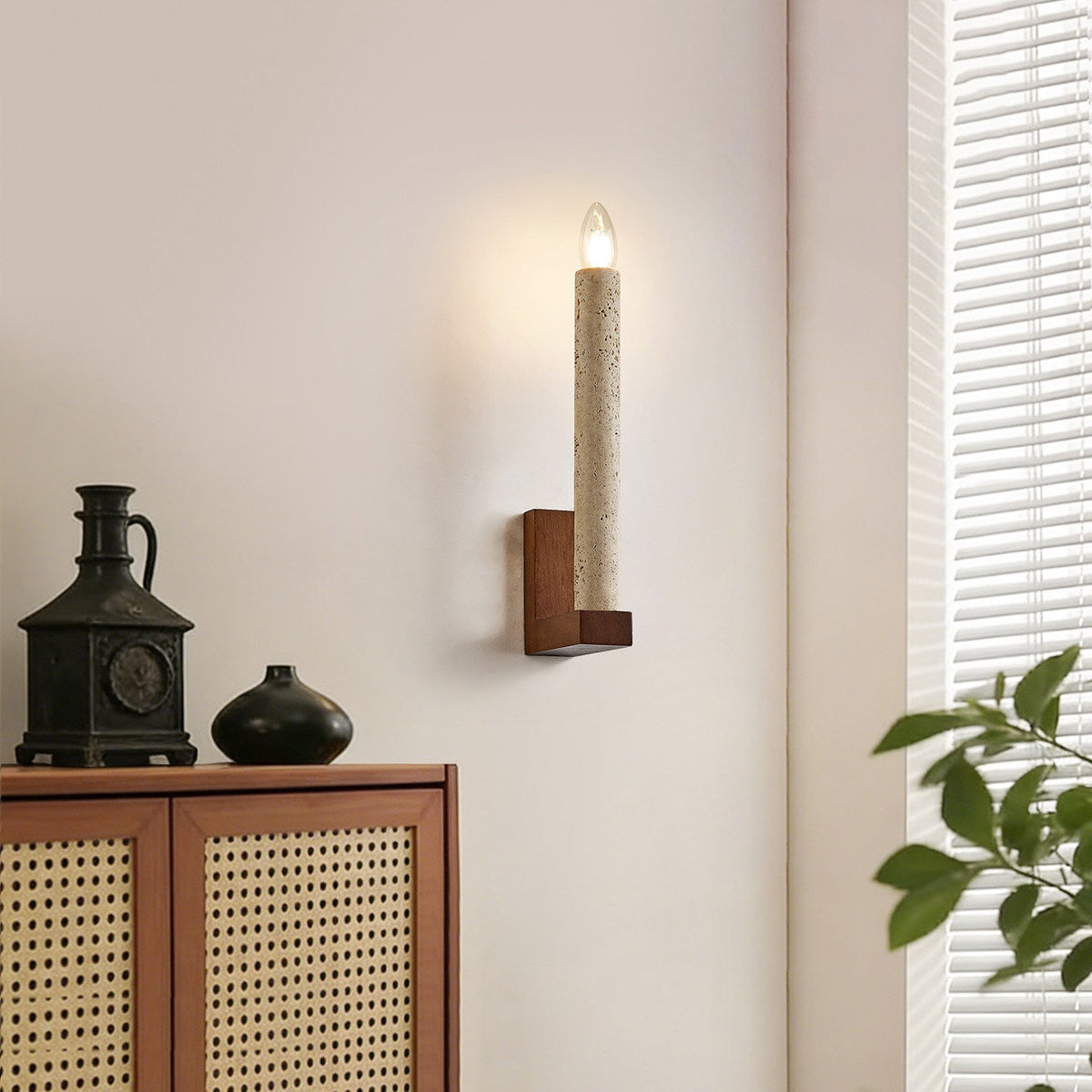 Tavian Travertine Candle Wall Sconce – Natural Stone & Wood