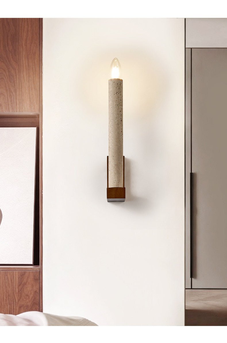 Tavian Travertine Candle Wall Sconce – Natural Stone & Wood