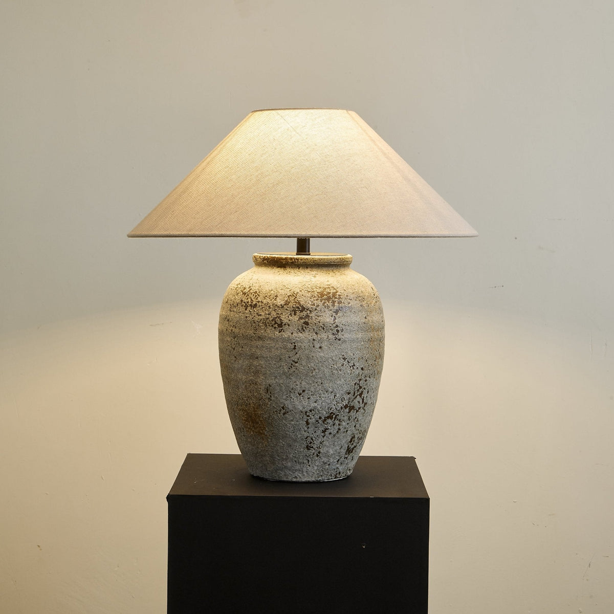 Tavira Aged Stone Ceramic Table Lamp with Natural Linen Shade