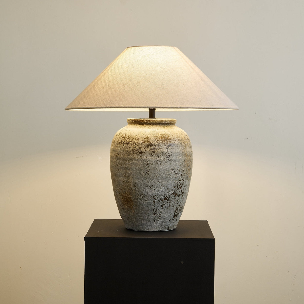 Tavira Aged Stone Ceramic Table Lamp with Natural Linen Shade