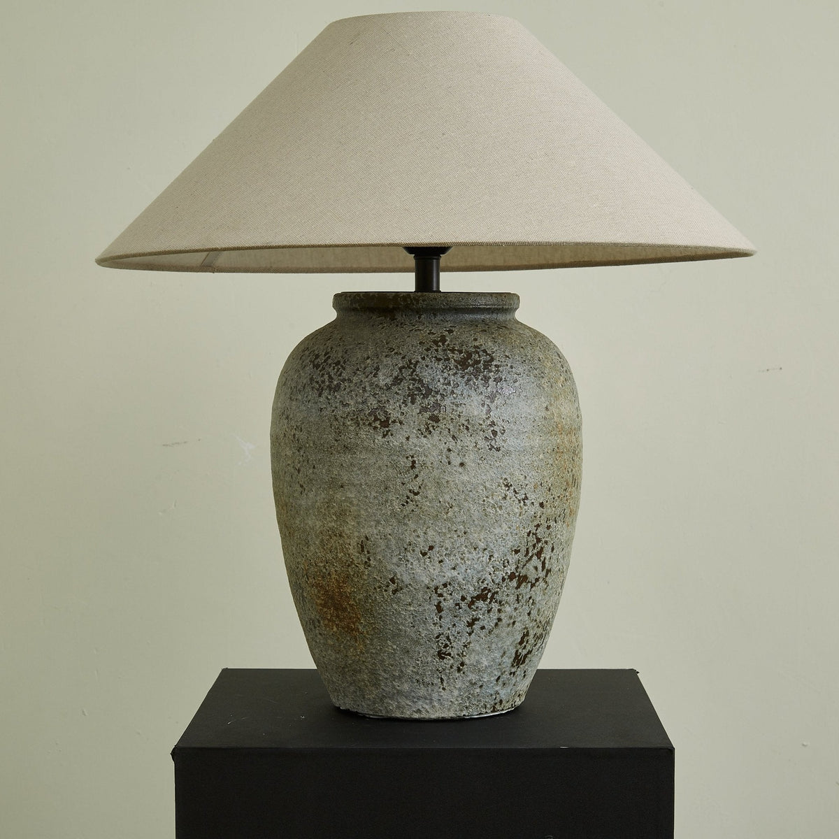 Tavira Aged Stone Ceramic Table Lamp with Natural Linen Shade