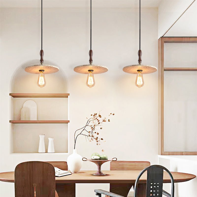 Tavor Disc Pendant Light in Natural Travertine with Walnut Accent