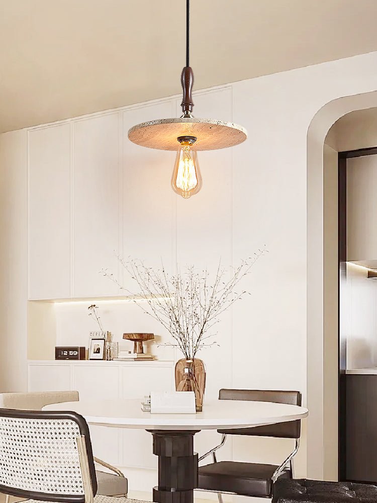 Tavor Disc Pendant Light in Natural Travertine with Walnut Accent