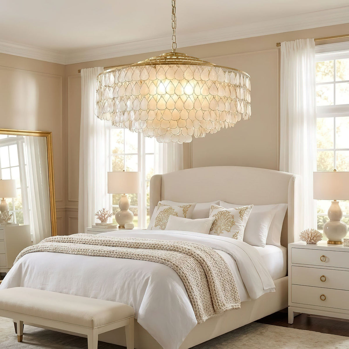 Teardrop Shell Chandelier in Gold Finish with Natural Shell Shades