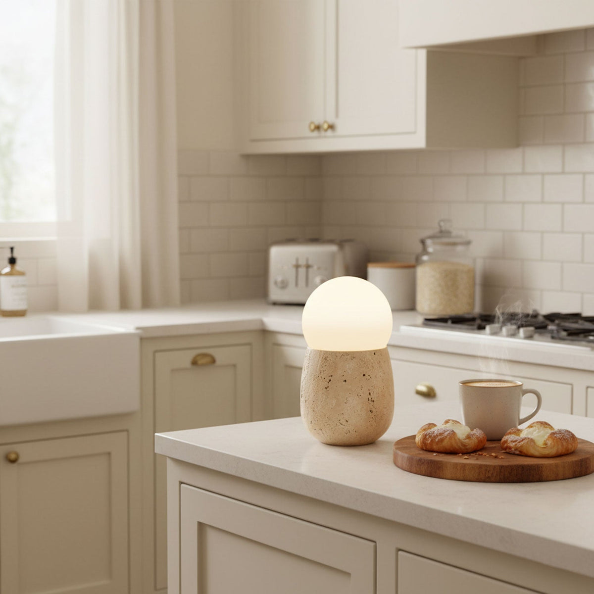 Terra Orb Travertine Table Lamp with Opal Glass Shade