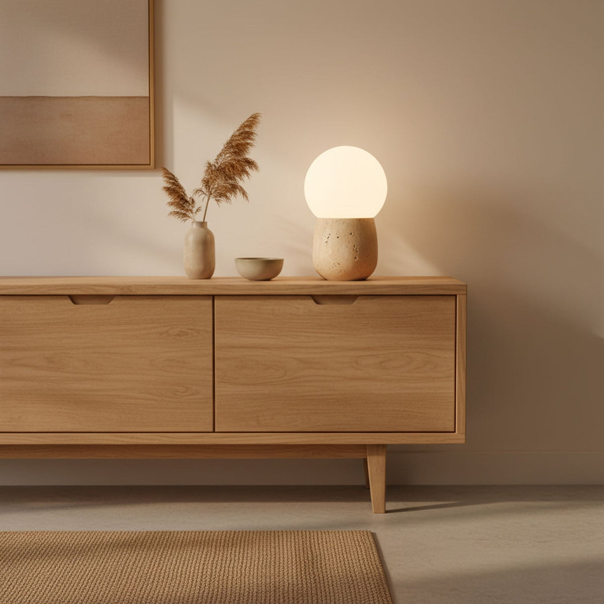 Terra Orb Travertine Table Lamp with Opal Glass Shade