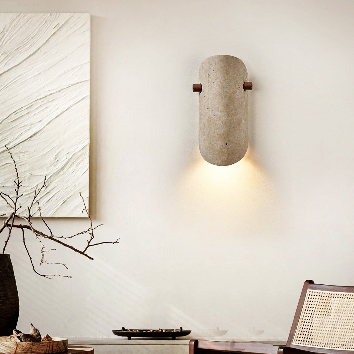 Terra Curve Wall Sconce in Yellow Travertine and Wood