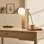 Terra Orb Sculptural Travertine Table Lamp with Opaline Glass Shade