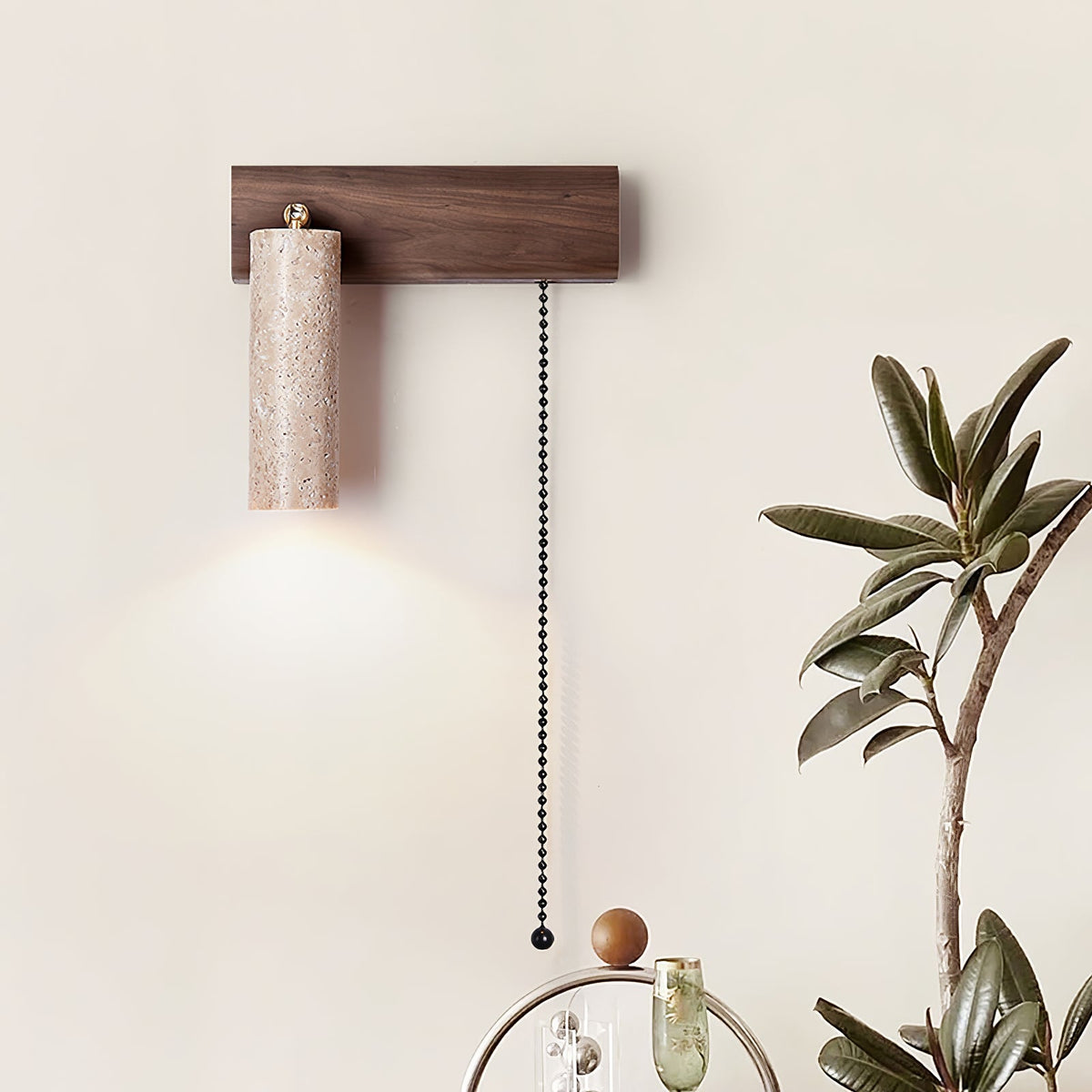Terra Beam Wall Sconce with Travertine Shade and Wood Mount