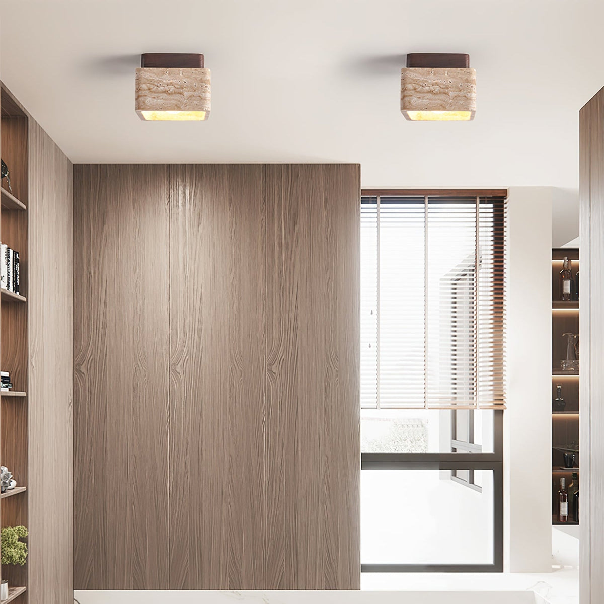 Terra Block Travertine Ceiling Light in Walnut Wood Finish