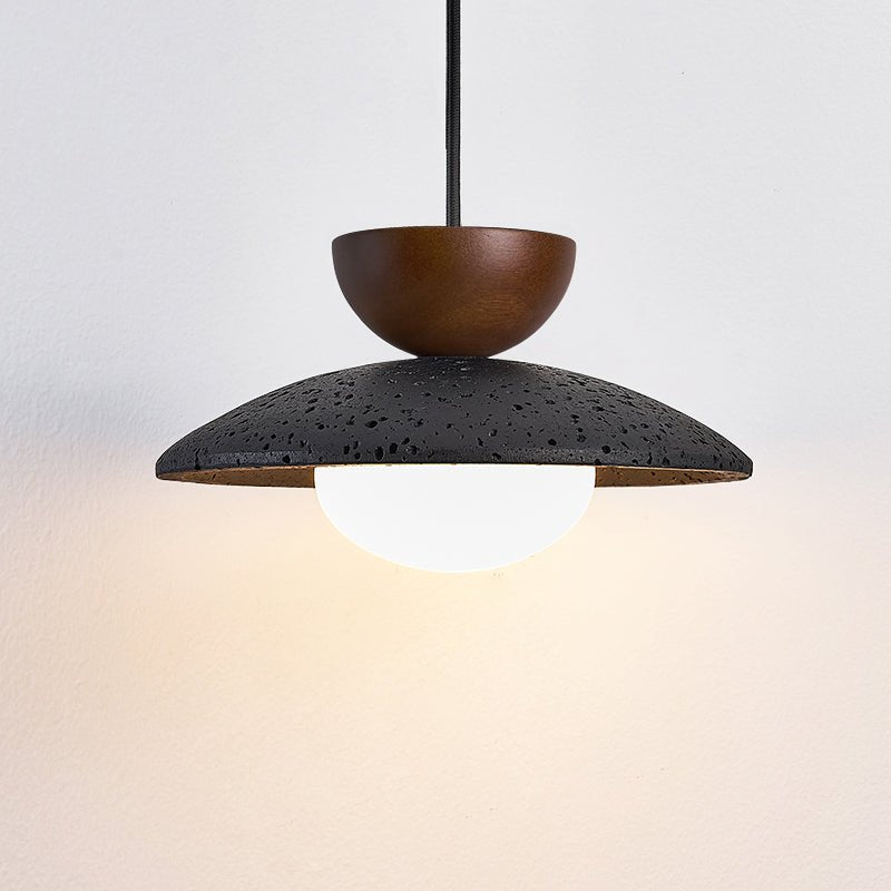 Terra Cotta Pendant Light with Travertine Disc and Opal Glass Globe