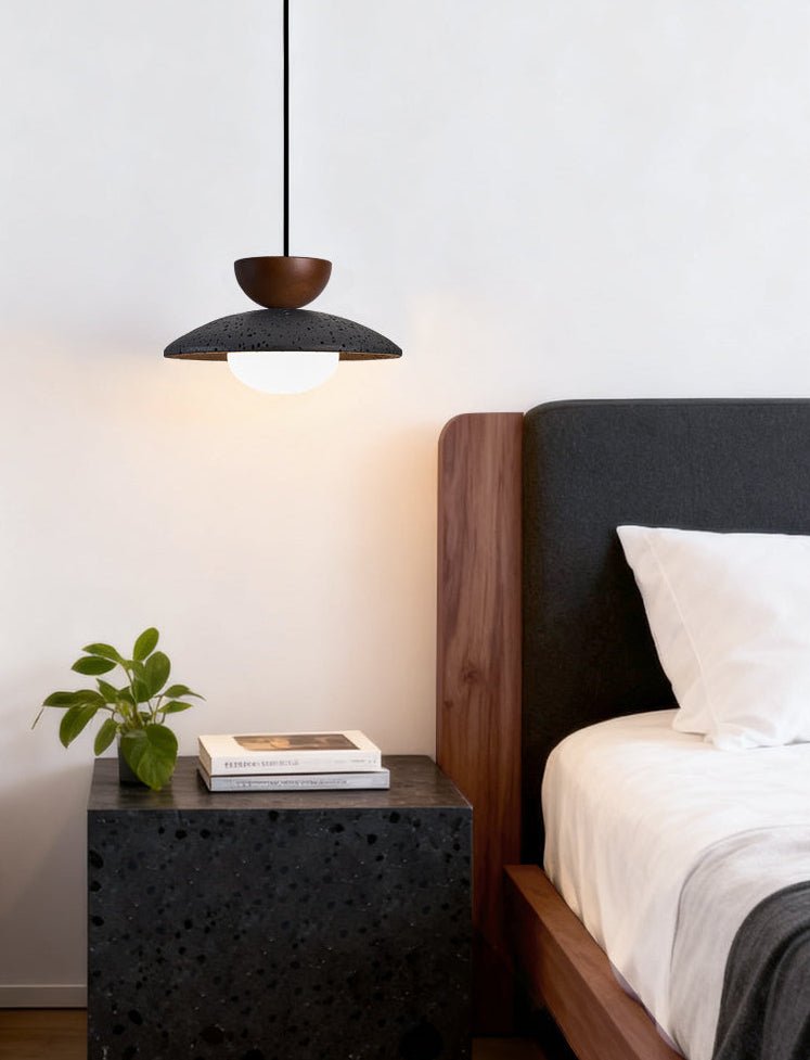 Terra Cotta Pendant Light with Travertine Disc and Opal Glass Globe