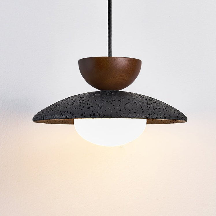 Terra Cotta Pendant Light with Travertine Disc and Opal Glass Globe