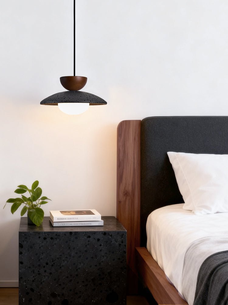 Terra Cotta Pendant Light with Travertine Disc and Opal Glass Globe