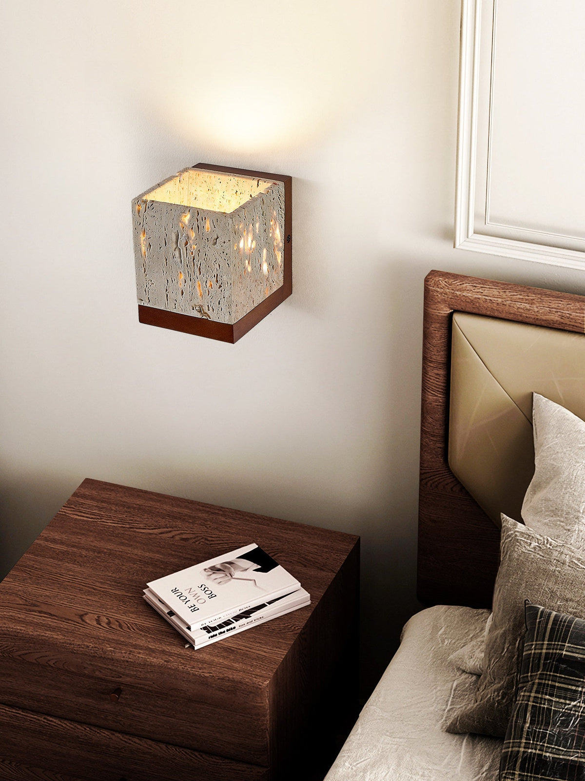Terra Cube Wall Sconce in Yellow Travertine and Walnut