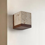 Terra Cube Wall Sconce in Yellow Travertine and Walnut