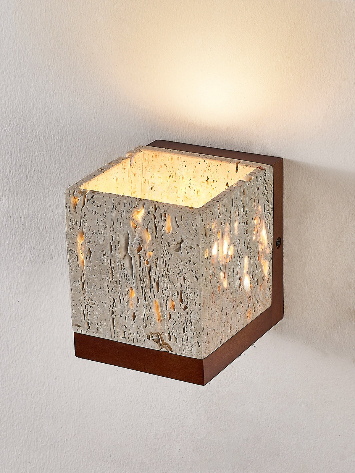Terra Cube Wall Sconce in Yellow Travertine and Walnut