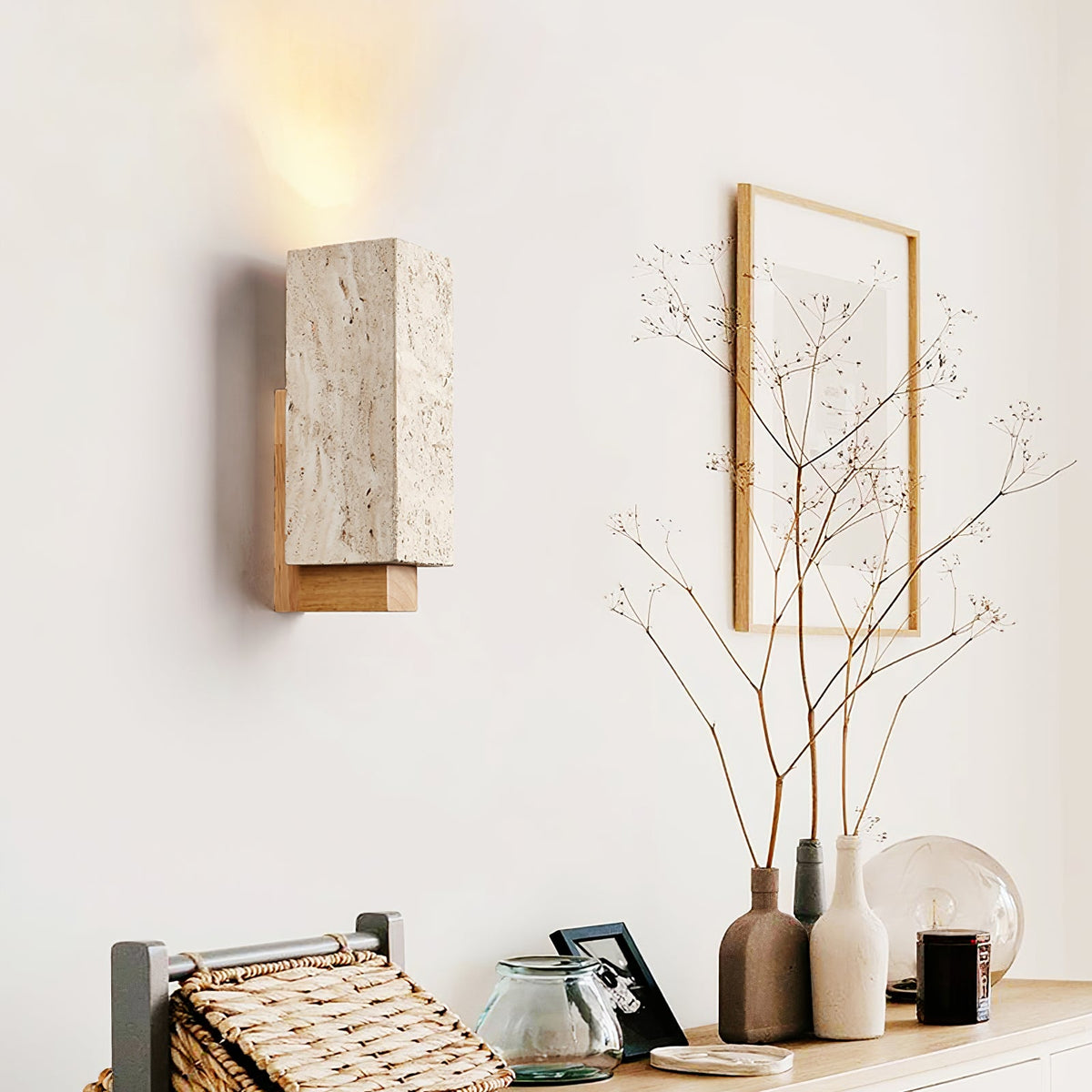 Terra Form Travertine Wall Sconce with Wood Accent