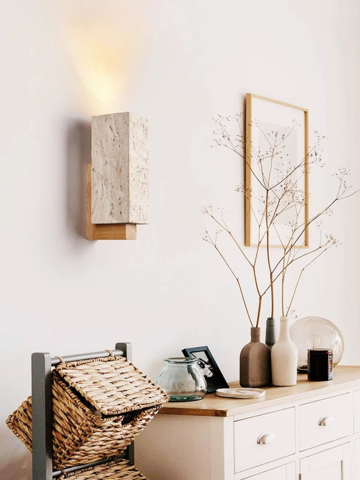 Terra Form Travertine Wall Sconce with Wood Accent