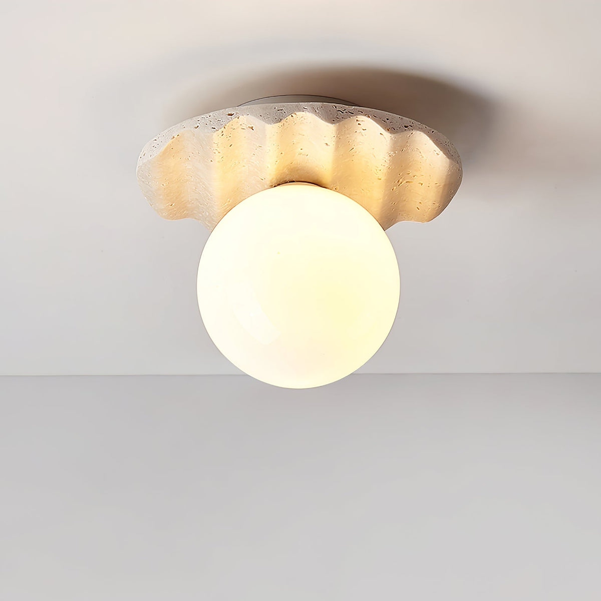 Terra Globe Ceiling Light in Hand-Chiseled Travertine with Opal Glass Shade