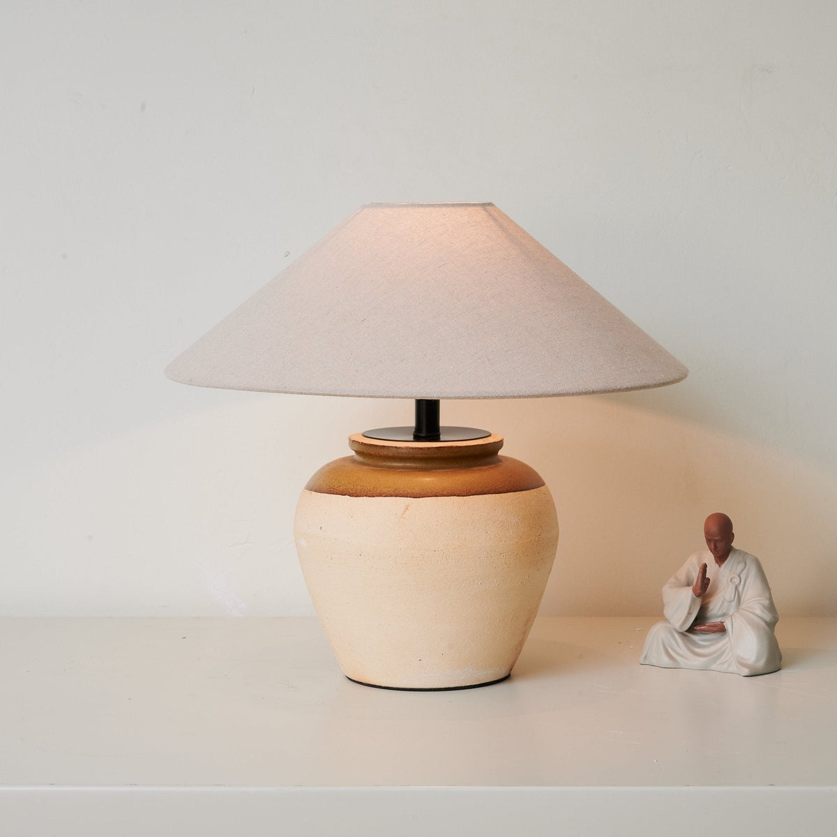 Terra Glow Ceramic Table Lamp with Linen Shade for Bedroom and Living Room